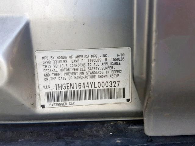 1HGEN1644YL000327 - 2000 HONDA CIVIC GX SILVER photo 10