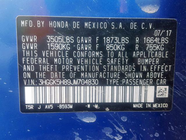 3HGGK5H89JM704830 - 2018 HONDA FIT EX BLUE photo 10