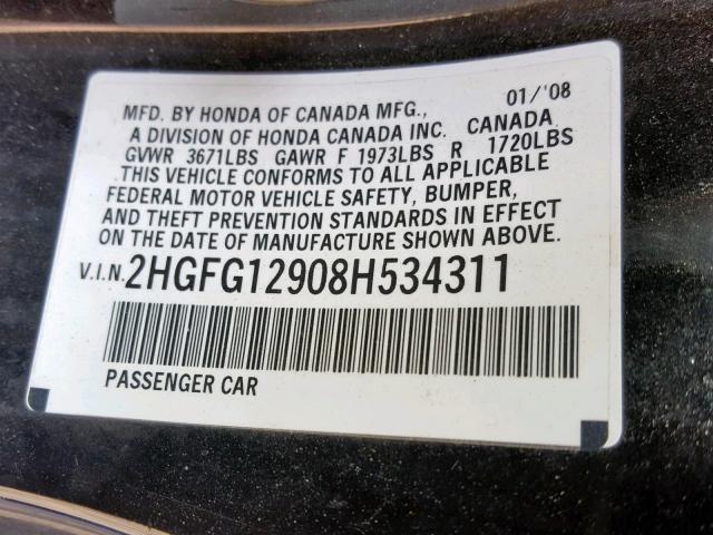 2HGFG12908H534311 - 2008 HONDA CIVIC EXL 黑色 照片 10