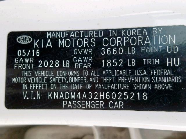 KNADM4A32H6025218 - 2017 KIA RIO LX WHITE photo 10