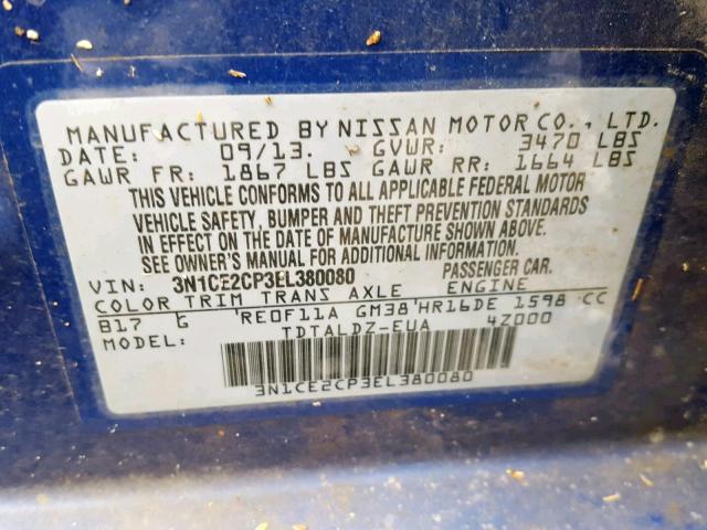 3N1CE2CP3EL380080 - 2014 NISSAN VERSA NOTE BLUE photo 10