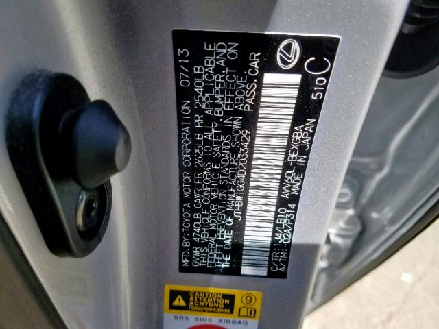 JTHBW1GG4D2033429 - 2013 LEXUS ES 300H SILVER photo 10