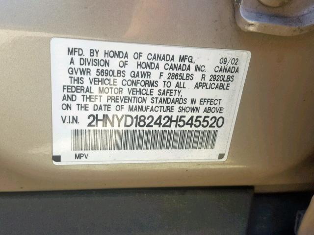 2HNYD18242H545520 - 2002 ACURA MDX GOLD photo 10