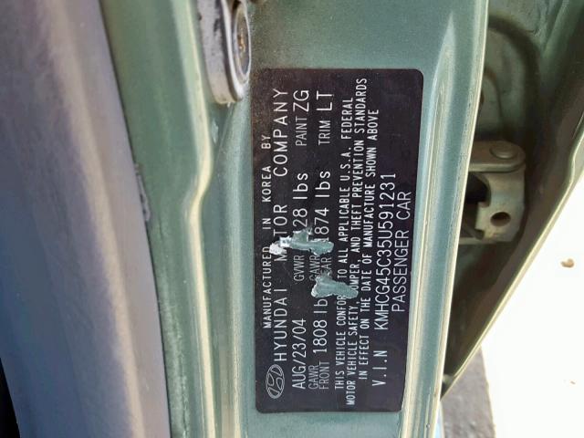 KMHCG45C35U591231 - 2005 HYUNDAI ACCENT GL GREEN photo 10