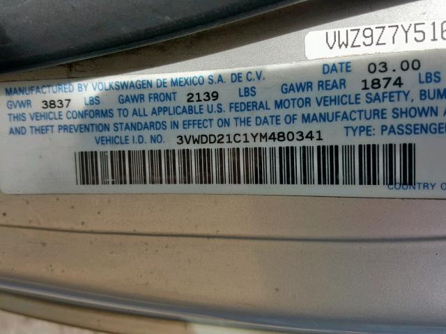 3VWDD21C1YM480341 - 2000 VOLKSWAGEN NEW BEETLE ვერცხლისფერი ფოტო 10