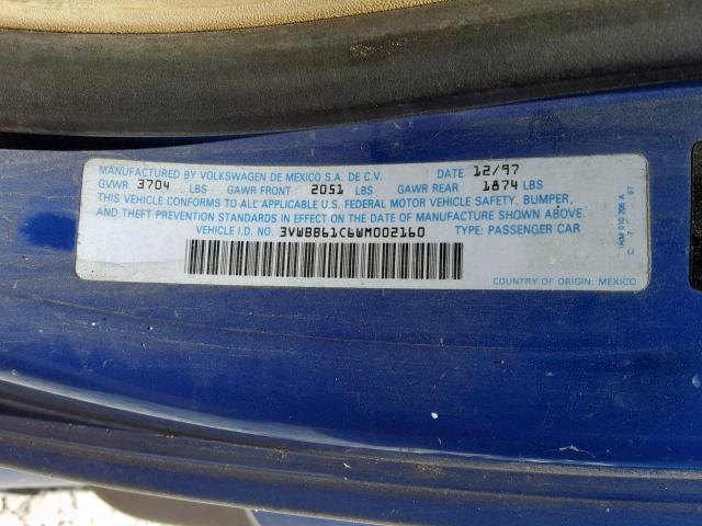 3VWBB61C6WM002160 - 1998 VOLKSWAGEN NEW BEETLE BLUE photo 10