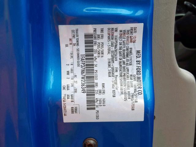 1FAFP37N67W236349 - 2007 FORD FOCUS ZX5 BLUE photo 10