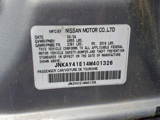 JNKAY41E14M401326 - 2004 INFINITI M45 SILVER photo 10