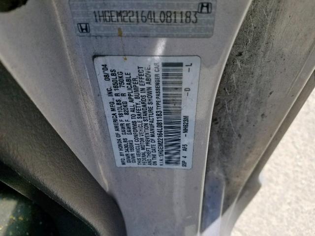 1HGEM22164L081183 - 2004 HONDA CIVIC DX V SILVER photo 10