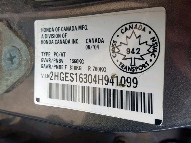 2HGES16304H941099 - 2004 HONDA CIVIC DX V GRAY photo 10