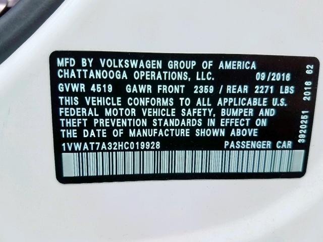 1VWAT7A32HC019928 - 2017 VOLKSWAGEN PASSAT S WHITE photo 10