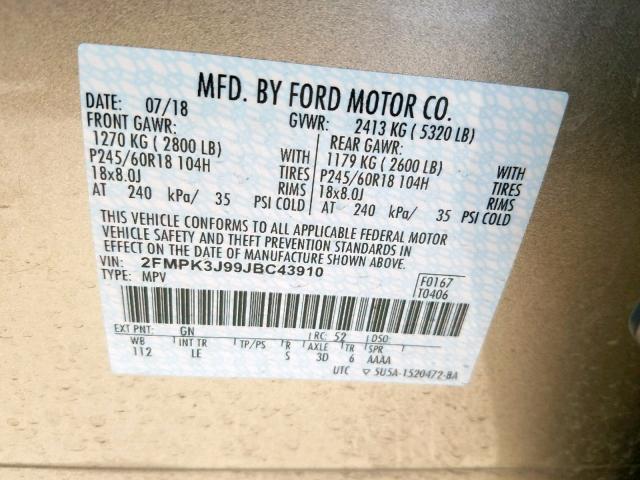 2FMPK3J99JBC43910 - 2018 FORD EDGE SEL GOLD photo 10