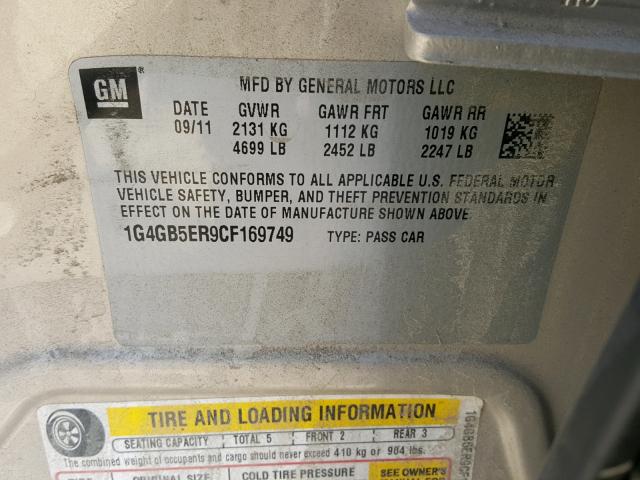 1G4GB5ER9CF169749 - 2012 BUICK LACROSSE C GOLD photo 10