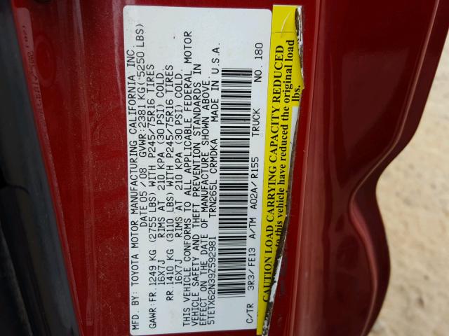 5TETX62N39Z592981 - 2009 TOYOTA TACOMA PRE RED photo 10