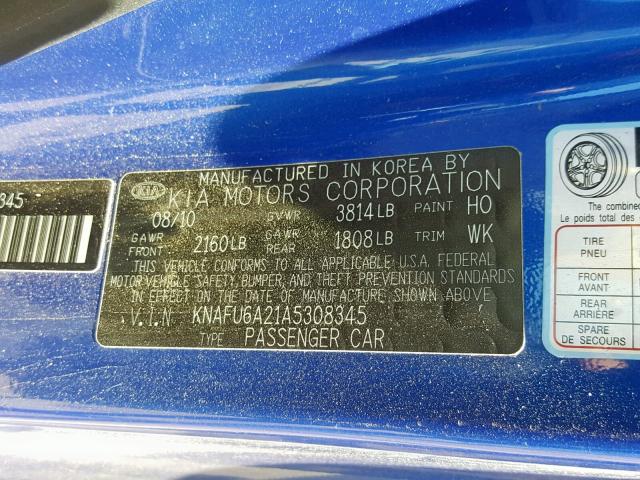 KNAFU6A21A5308345 - 2010 KIA FORTE EX BLUE photo 10