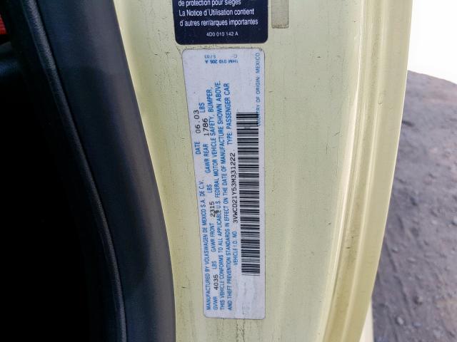 3VWCD21Y53M331222 - 2003 VOLKSWAGEN NEW BEETLE ყვითელი ფოტო 10