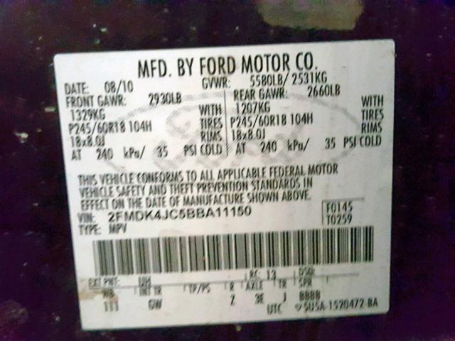 2FMDK4JC5BBA11150 - 2011 FORD EDGE SEL  photo 10