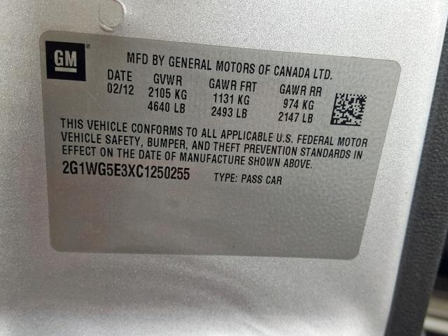 2G1WG5E3XC1250255 - 2012 CHEVROLET IMPALA LT SILVER photo 10