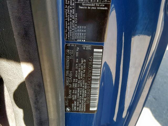 WBSBR934X3PK01846 - 2003 BMW M3 BLUE photo 10