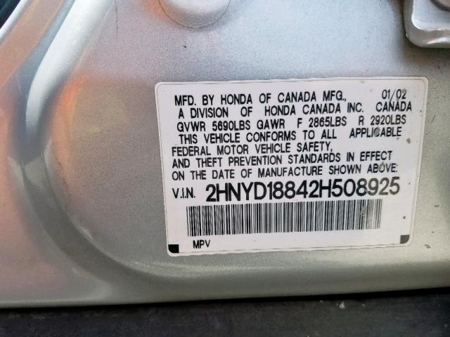 2HNYD18842H508925 - 2002 ACURA MDX TOURIN SILVER photo 10