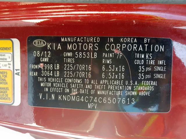 KNDMG4C74C6507613 - 2012 KIA SEDONA LX RED photo 10