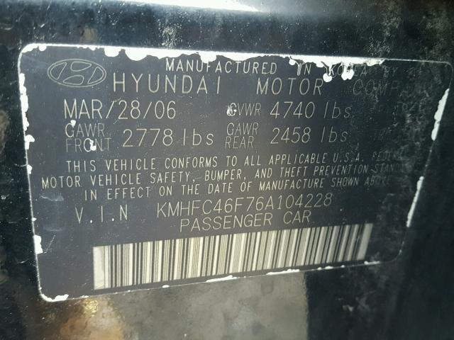 KMHFC46F76A104228 - 2006 HYUNDAI AZERA SE BLACK photo 10