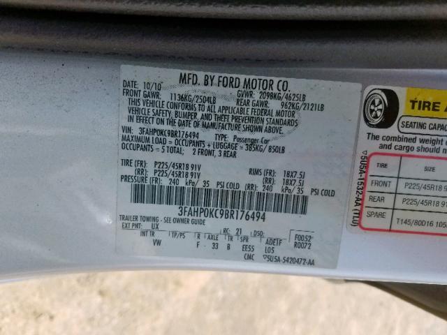 3FAHP0KC9BR176494 - 2011 FORD FUSION SPO SILVER photo 10