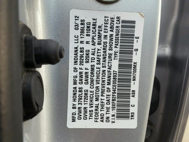 19XFB2F94CE058937 - 2012 HONDA CIVIC EXL SILVER photo 10