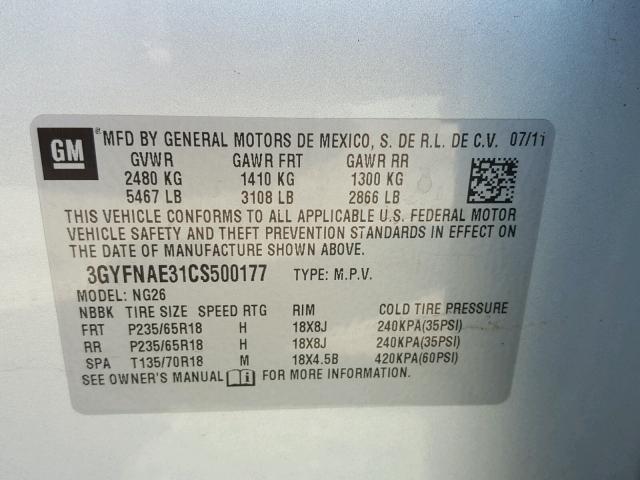 3GYFNAE31CS500177 - 2012 CADILLAC SRX LUXURY SILVER photo 10