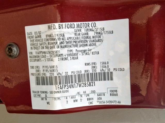 1FAFP34N17W285821 - 2007 FORD FOCUS ZX4 MAROON photo 10