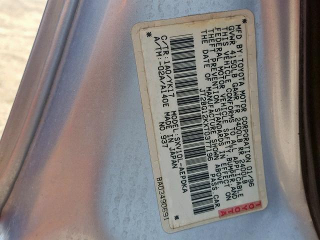 JT2BG12KXT0377196 - 1996 TOYOTA CAMRY DX BLUE photo 10