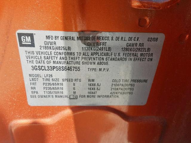 3GSCL33P58S646755 - 2008 SATURN VUE XE ORANGE photo 10