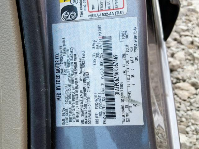 3FAFP06Z46R167469 - 2006 FORD FUSION S GRAY photo 10