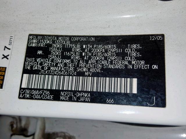 JTLKT324264061924 - 2006 TOYOTA SCION XB 白色 照片 10