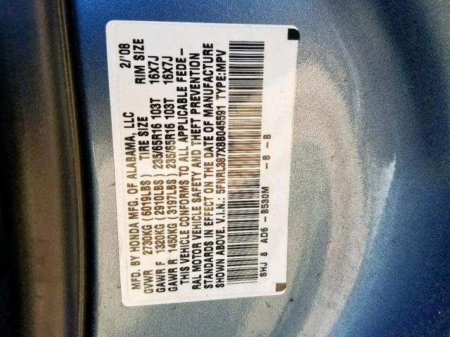 5FNRL387X8B045591 - 2008 HONDA ODYSSEY EX BLUE photo 10