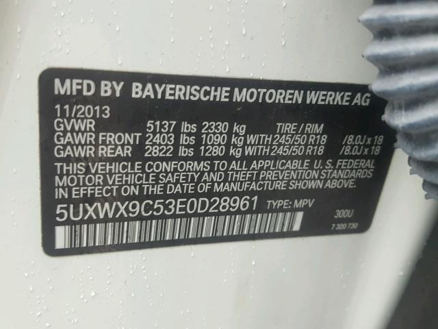 5UXWX9C53E0D28961 - 2014 BMW X3 XDRIVE2 WHITE photo 10