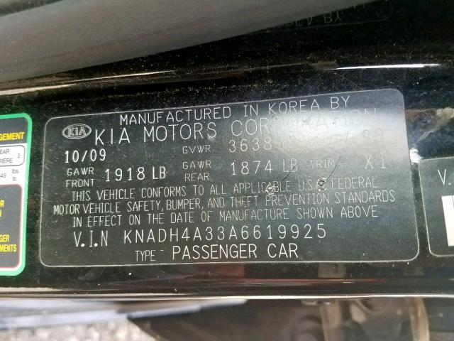 KNADH4A33A6619925 - 2010 KIA RIO LX BLACK photo 10