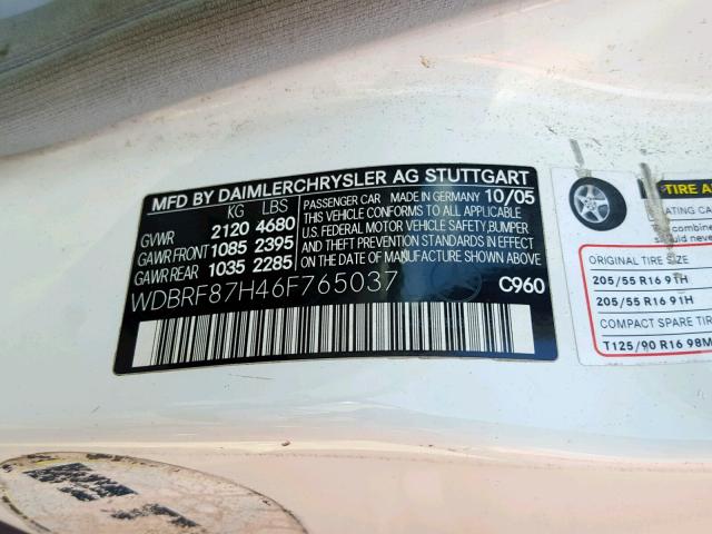 WDBRF87H46F765037 - 2006 MERCEDES-BENZ C 350 4MAT WHITE photo 10