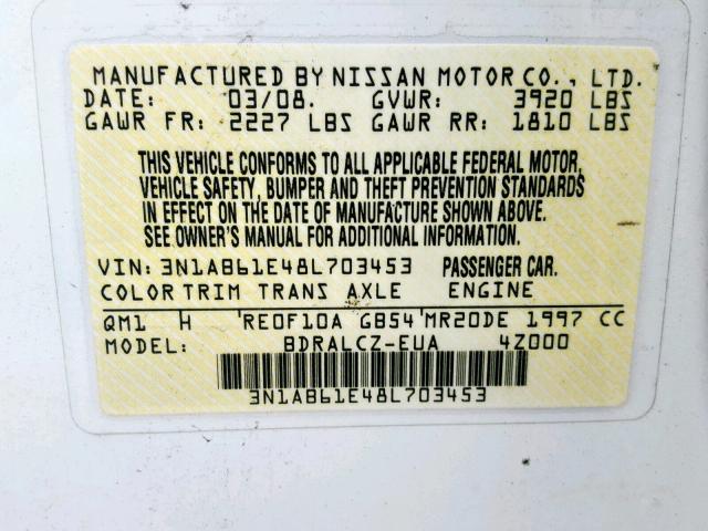 3N1AB61E48L703453 - 2008 NISSAN SENTRA 2.0 WHITE photo 10