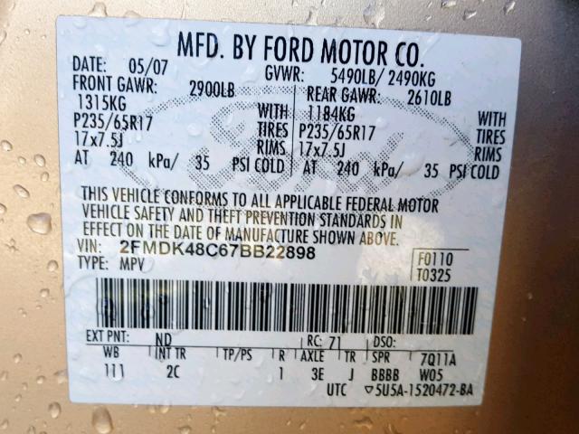 2FMDK48C67BB22898 - 2007 FORD EDGE SEL GOLD photo 10