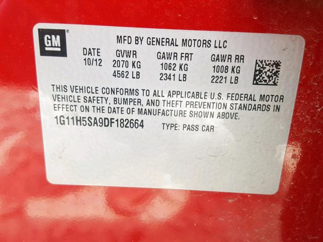 1G11H5SA9DF182664 - 2013 CHEVROLET MALIBU LTZ წითელი ფოტო 10