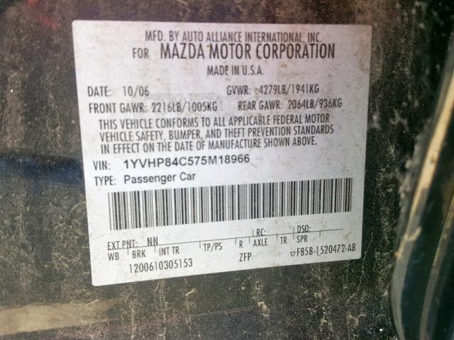 1YVHP84C575M18966 - 2007 MAZDA 6 I BLACK photo 10