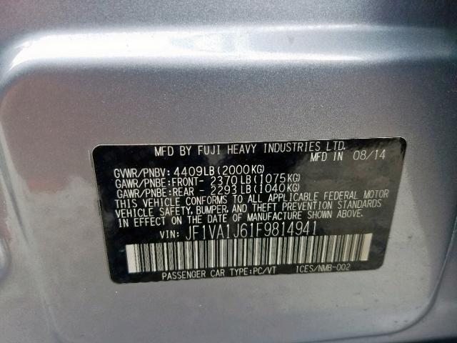 JF1VA1J61F9814941 - 2015 SUBARU WRX LIMITE SILVER photo 10