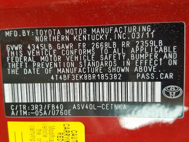 4T4BF3EK8BR185382 - 2011 TOYOTA CAMRY BASE RED photo 10