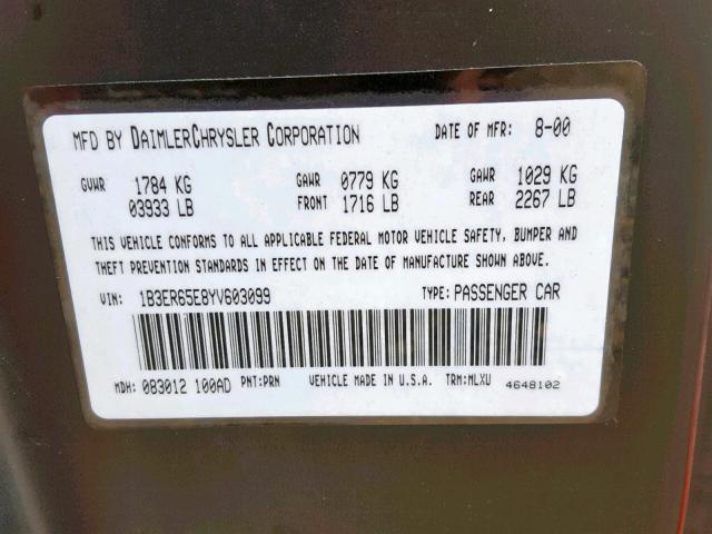 1B3ER65E8YV603099 - 2000 DODGE VIPER RT-1 RED photo 10