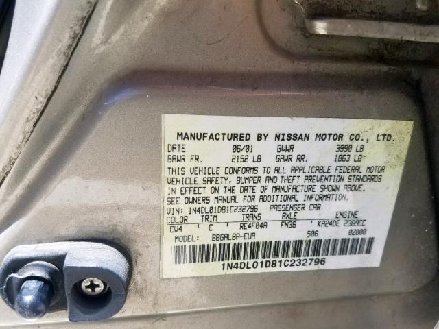 1N4DL01D81C232796 - 2001 NISSAN ALTIMA XE BROWN photo 10