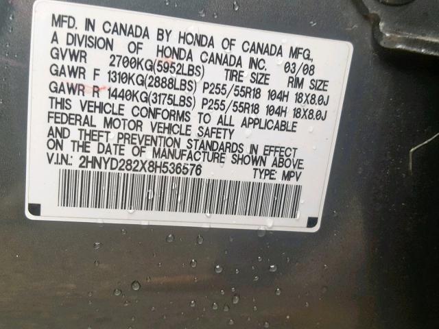 2HNYD282X8H536576 - 2008 ACURA MDX GRAY photo 10