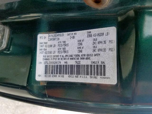 1B7GL22X5XS241174 - 1999 DODGE DAKOTA GREEN photo 10