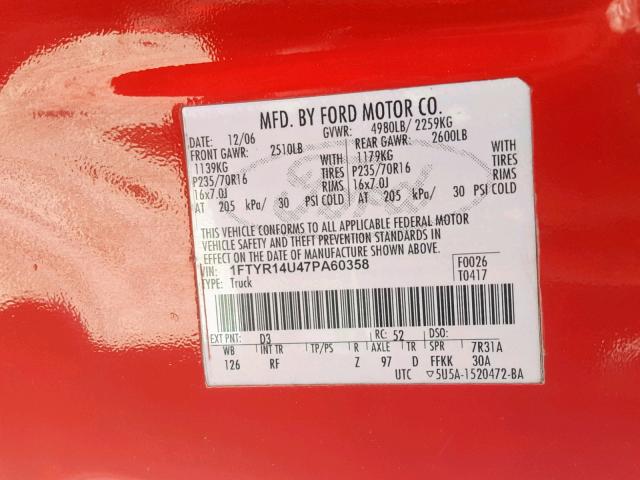 1FTYR14U47PA60358 - 2007 FORD RANGER SUP RED photo 10