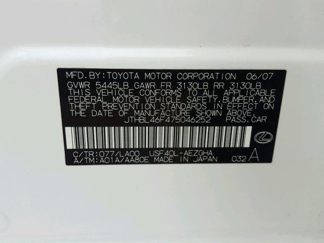 JTHBL46F475046252 - 2007 LEXUS LS 460 WHITE photo 10